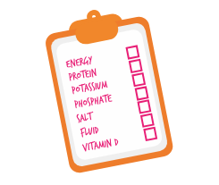 Checklist with energy, protein, potassium, phosphate, salt, fluid and vitamin D